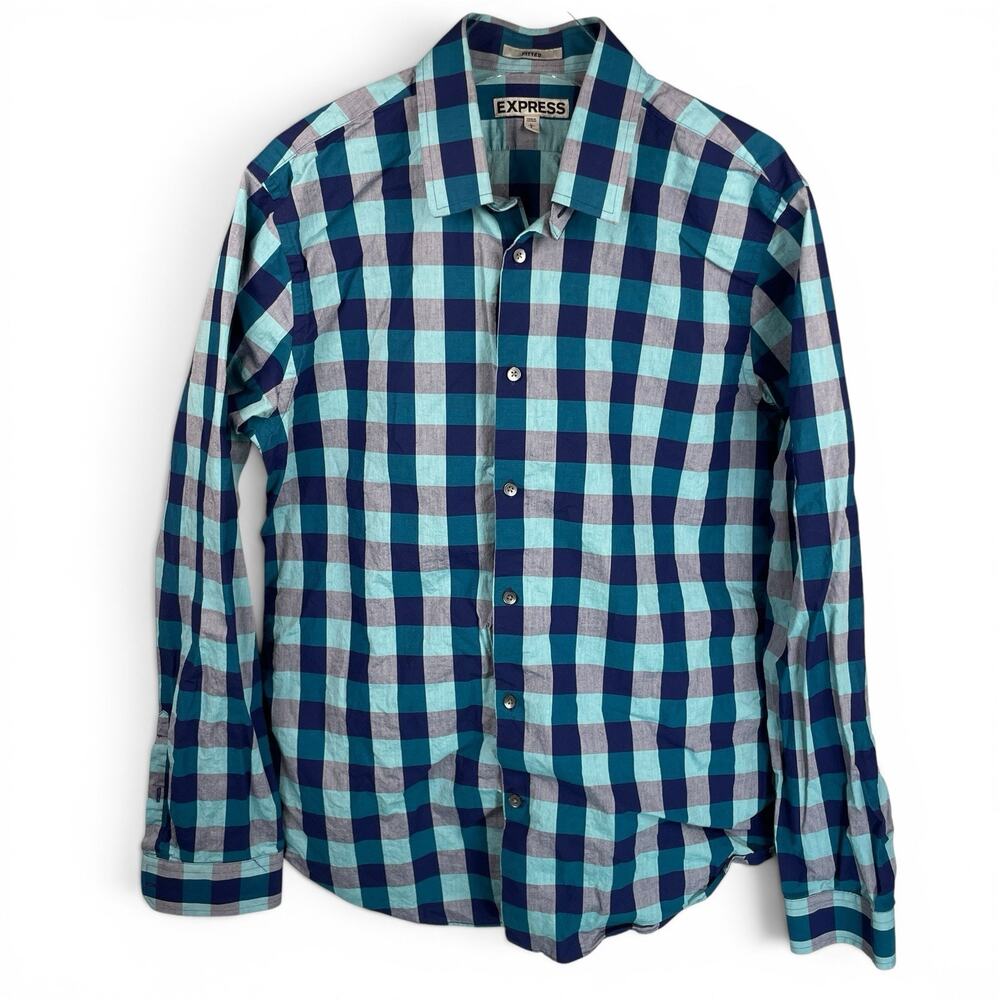 Express Fitted Button-up Dress Shirt Teal Blue Plaid Men's Large